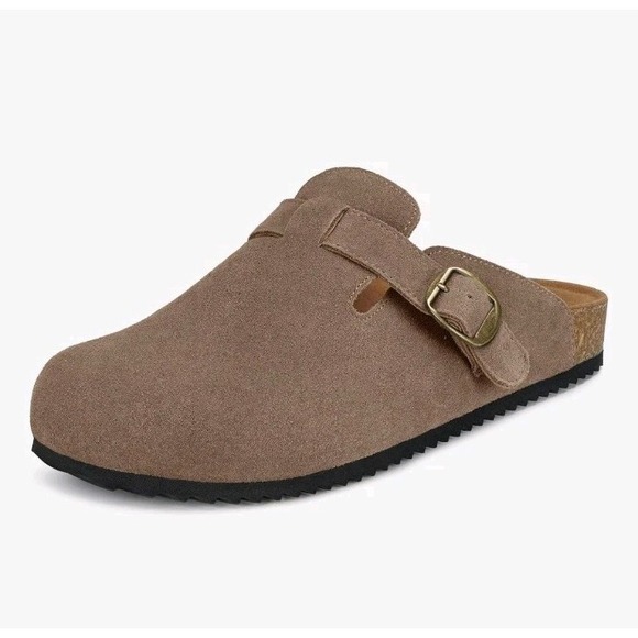 Womens Suede Clogs Genuine Leather Mules Cork Footbed Sandals, Size US 10, Brown - Picture 2 of 8